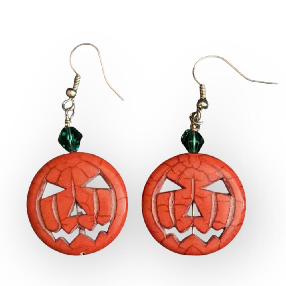 Halloween Jack-O-lantern Pumpkin Orange Stone & Green Crystal Beaded Earrings